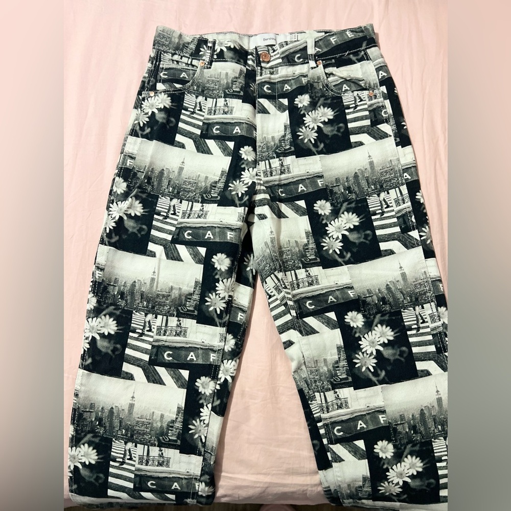 Bershka black and white photo collage pants